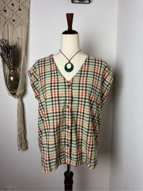 Women’s Plaid Button-Front Blouse in Green and Cream